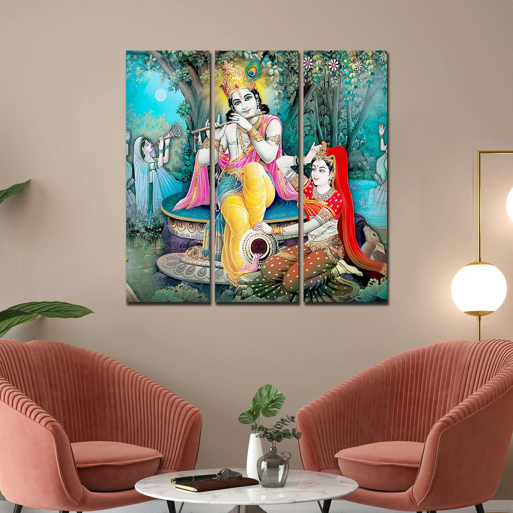 VIBECRAFTS 3 Pieces Shree Krishna In Vrindavan Canvas Wall Painting Fitted With Wooden Frame For Home | Office | Living Room | Gifts (PTVC3Pcs1_9547)
