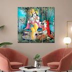 VIBECRAFTS 3 Pieces Shree Krishna In Vrindavan Canvas Wall Painting Fitted With Wooden Frame For Home | Office | Living Room | Gifts (PTVC3Pcs1_9547)
