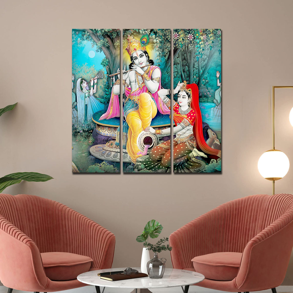 VIBECRAFTS 3 Pieces Shree Krishna In Vrindavan Canvas Wall Painting Fitted With Wooden Frame For Home | Office | Living Room | Gifts (PTVC3Pcs1_9547)