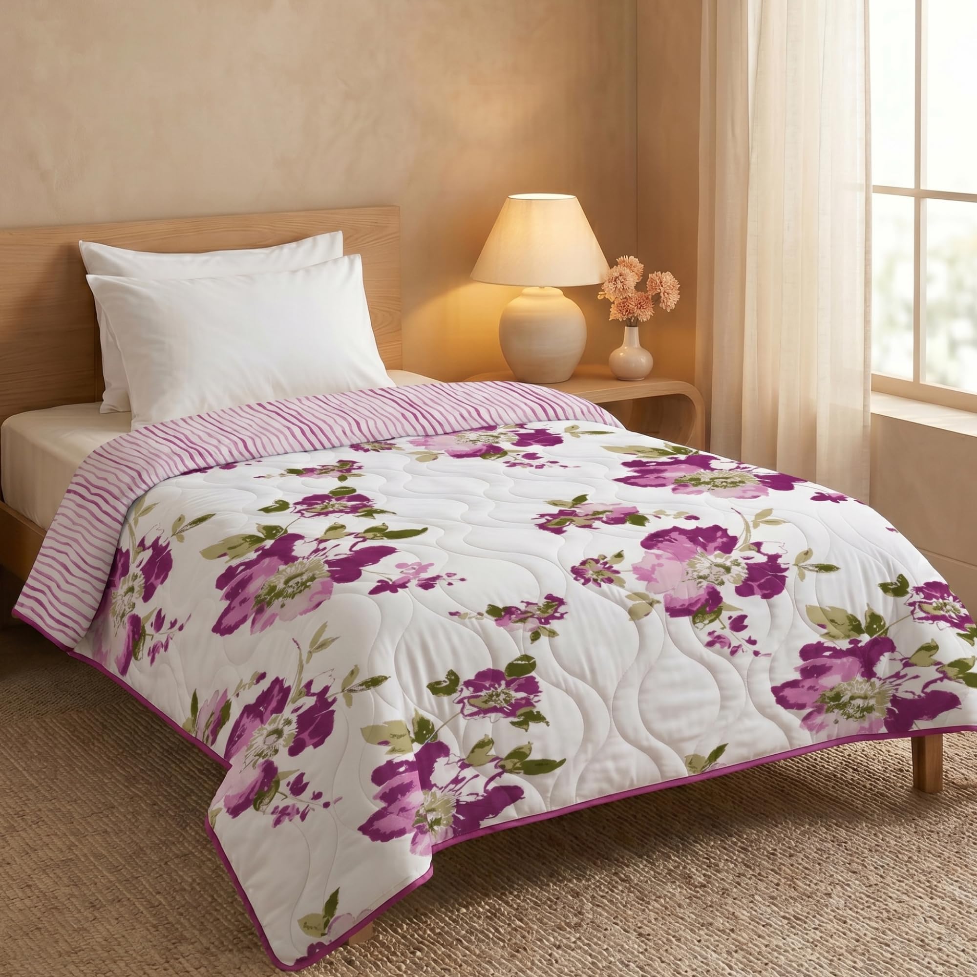 HUESLAND Reversible AC Quilt Blanket Single Bed | 100% Cotton Quilted Shell, Super Soft 120 GSM Microfibre Wadding | Lightweight Comforter for All Weather Use | 55 x 88 inches, Floral Fusion Kafalo