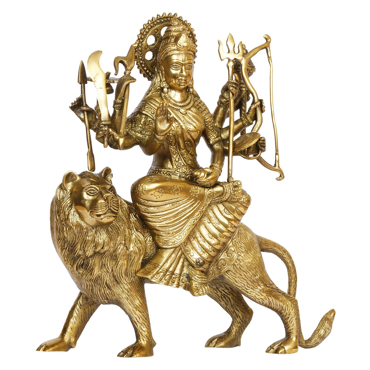 Artavrko Brass Durga Maa/Sherawali MATA Devi/Goddess Sitting on Lion Ten Arms Statue Idol for Home Décor Puja Temple Mandir Showpiece Gifts 11.5 Inch
