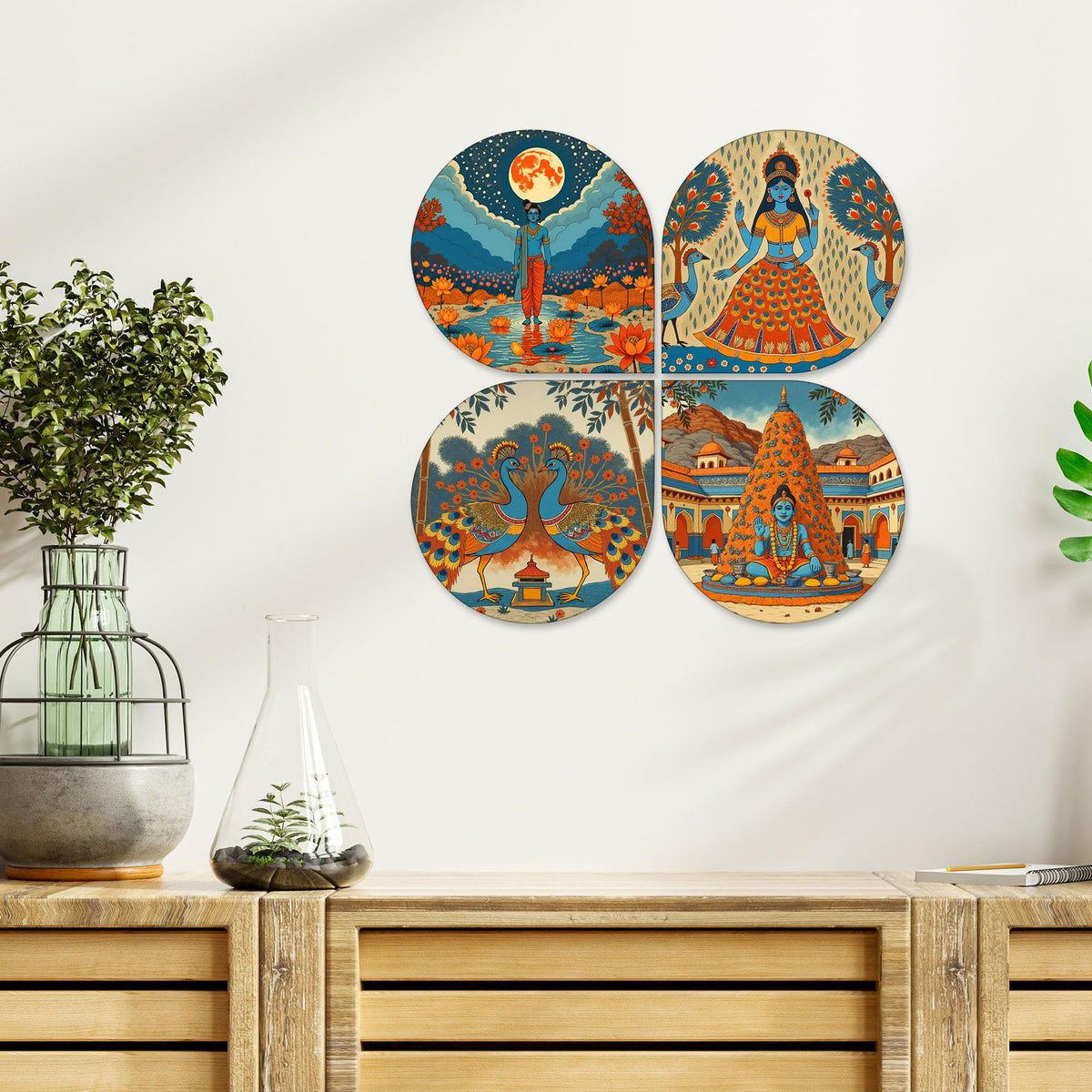 Artvibes Indian Gods Modern Art Decorative MDF Wooden Wall Art for Home | Wood Decorative Items | Modern Decoration | Spiritual | Wall Illustrations | Handcrafted Art | Gift Items (WH_8447N), Set of 4