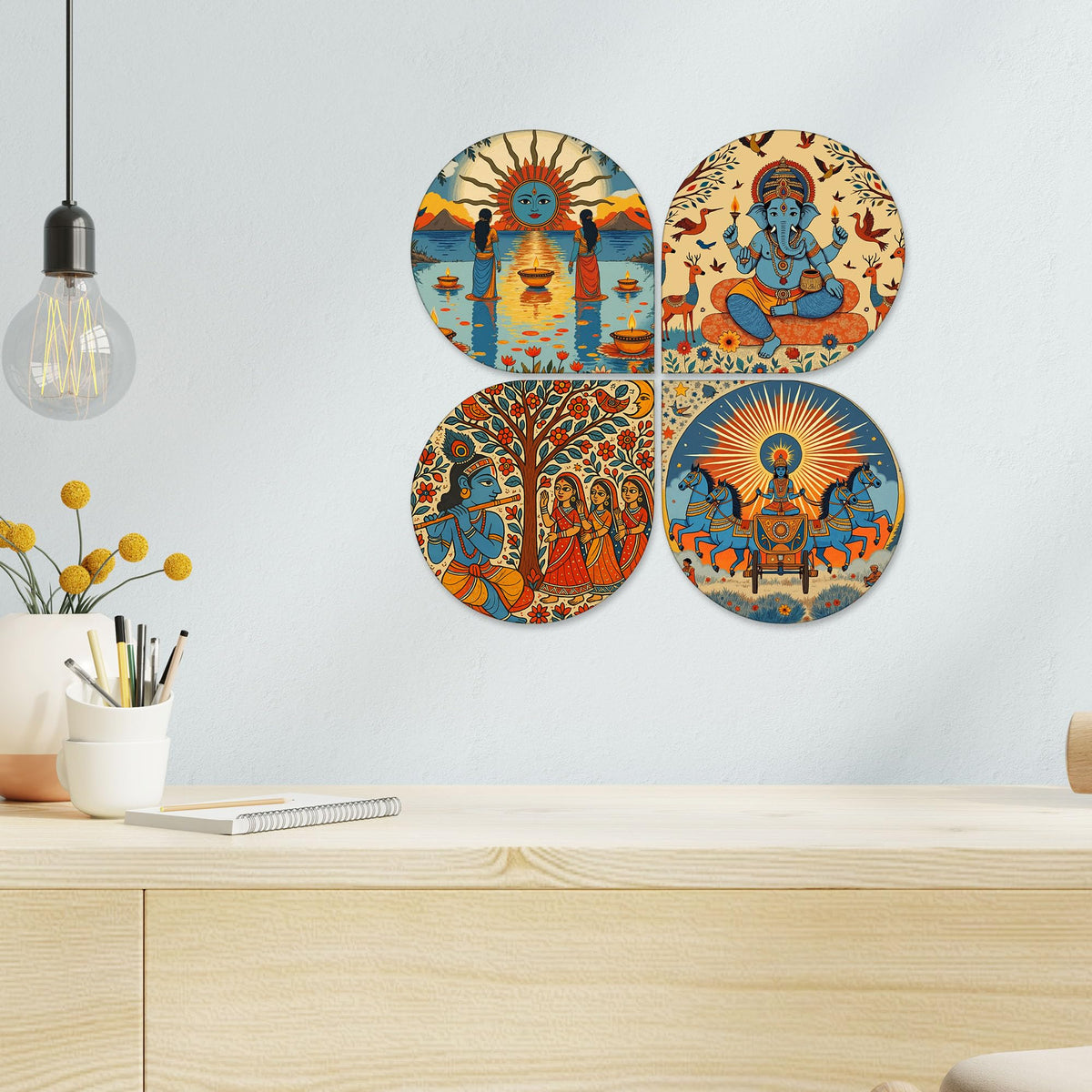 Artvibes Indian Festival Decorative Wall Hanging Ornaments | Graphic Artwork | Door Decoration Items | Paintings For Wall | Aesthetic Wooden Decor | Handcrafted Art | Ideal Gifts (WH_8448N), Set of 4