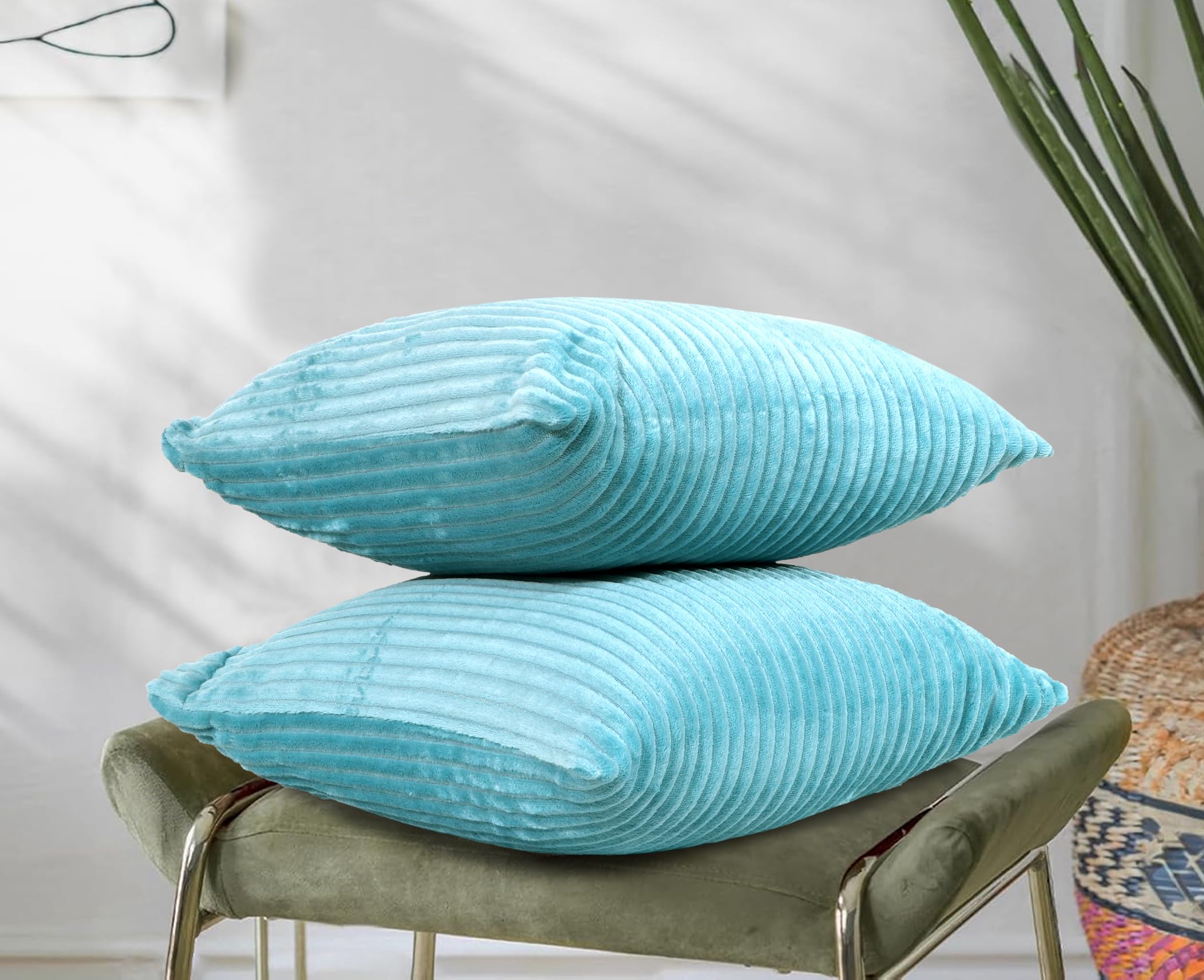 RD TREND® Cushion Cover Set of 2, Decorative Sofa Living Room Home Square Cushion Covers 24 Inch x 24 Inch, Aesthetic Corduroy Striped Double Sided (Aqua)