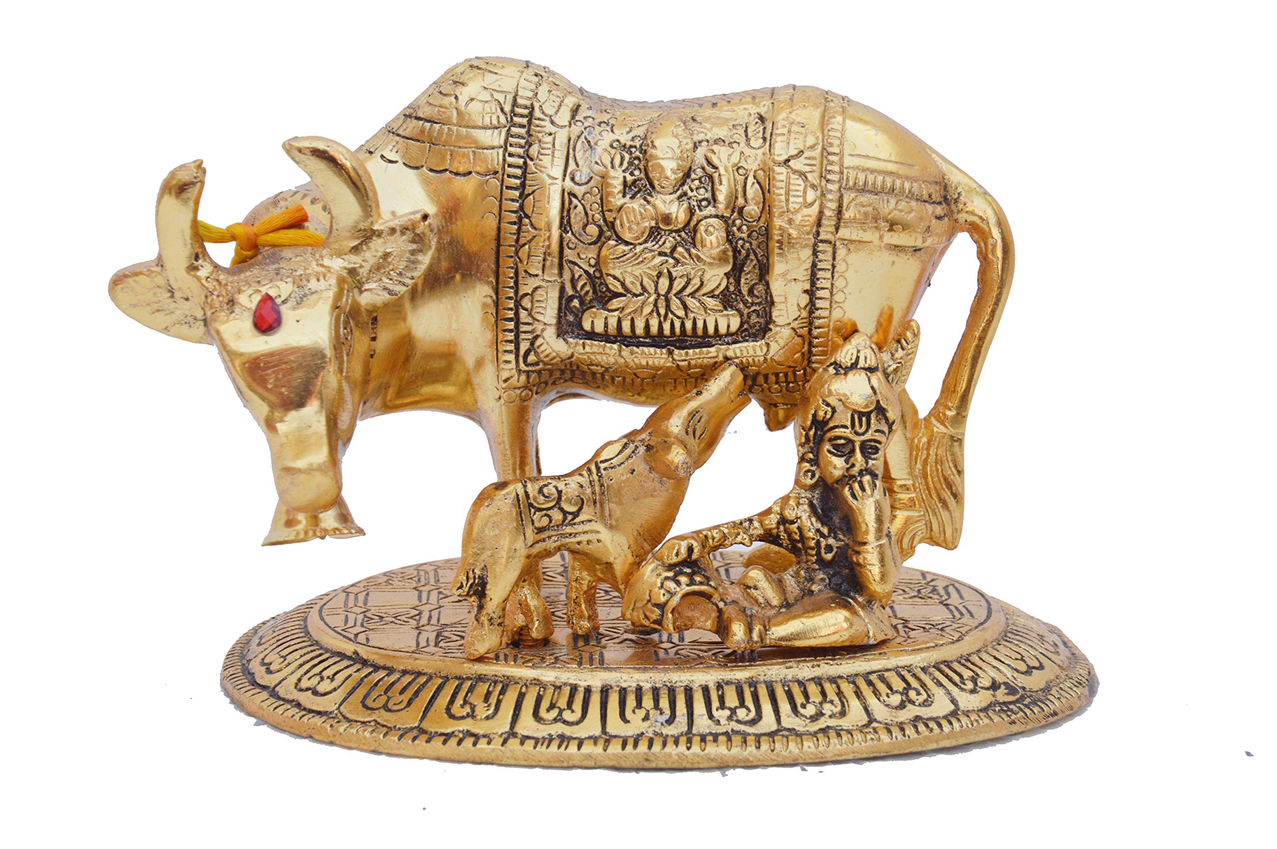Prince Home Decor & Gifts Metal Kamdhenu Cow with Calf Statue Good Luck Holy Cow with Calf Statue/Metal Cow with Calf for Home Decor Spiritual Showpiece Figurine (Half Gold, 450)