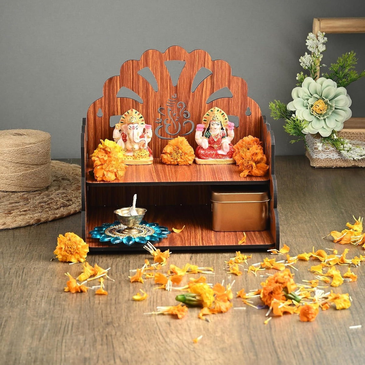 FLYUP Wooden Mandir for Home Pooja | Wall & Tabletop Temple with Ganesh Sunray Cutout | Solid Wood Finish Home Temple with Storage Shelf (Ganesh Sunray)