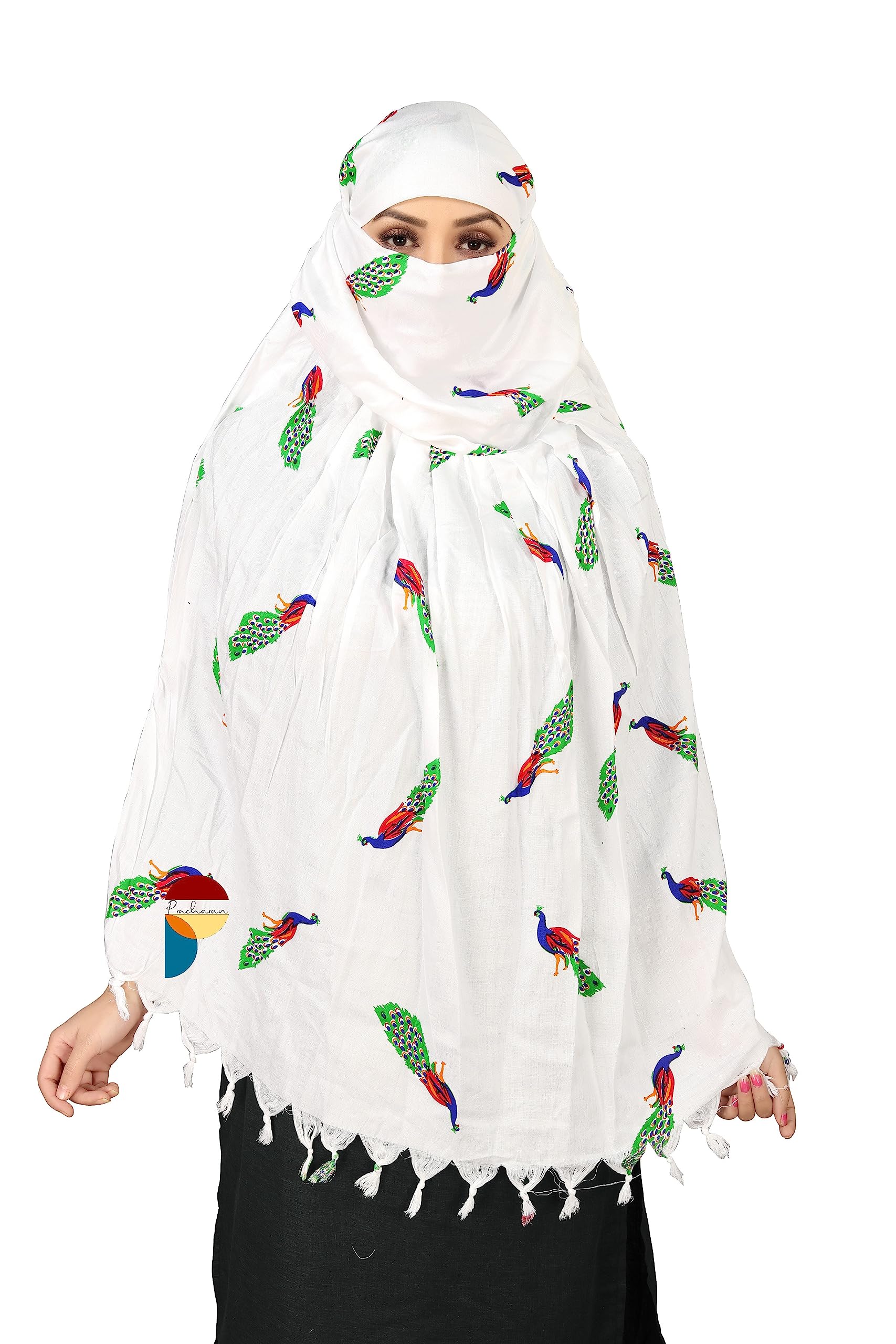 PRACHARAN Cotton Innovative Stylish Peacock Printed Pattern Fancy Female Scarf With Sun Protection Cover Face Cotton Driving Scarf For Women's and Girls, White