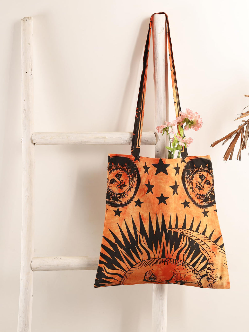 Ravaiyaa - Attitude is everything Cotton Shoulder Bag/Tote Bag For Women| Printed Multipurpose Handbag With Top Zip | Best For Shopping, Travel, Work, Beach, Office, College (Orange Sun & Moon)