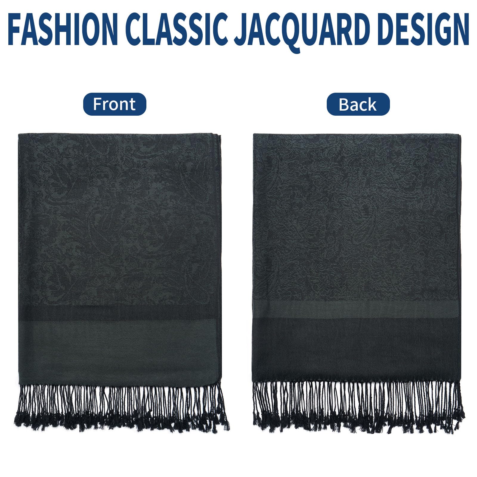 QIUTIMIY Paisley Pashmina Shawl Wrap Women Reversible Vintage Jacquard Pashmina Rave Scarf with Fringe for Evening, Wedding, Flower3-black, 180*70CM