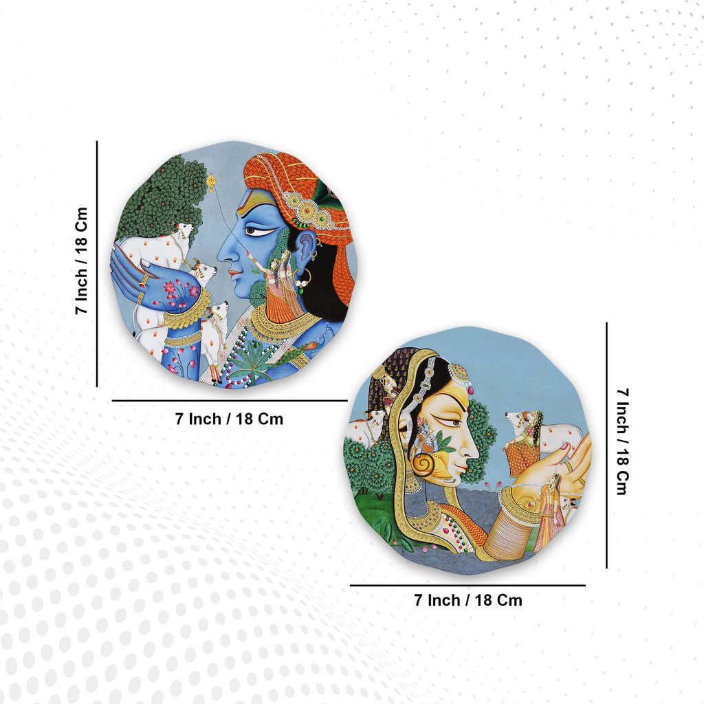Artvibes Radha Krishna Round Shape MDF Wooden Wall Decor Items | Spiritual Decor Items | Wall Sculpture | Signs & Plaques | Artwork| Stylish Modern Decor Item | Gift Items (WH_8816N), Set of 2