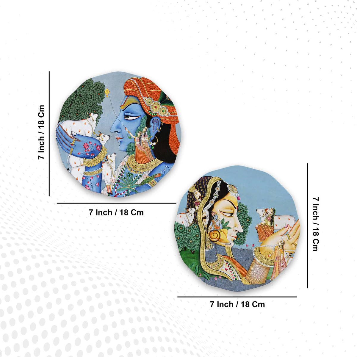 Artvibes Radha Krishna Round Shape MDF Wooden Wall Decor Items | Spiritual Decor Items | Wall Sculpture | Signs & Plaques | Artwork| Stylish Modern Decor Item | Gift Items (WH_8816N), Set of 2