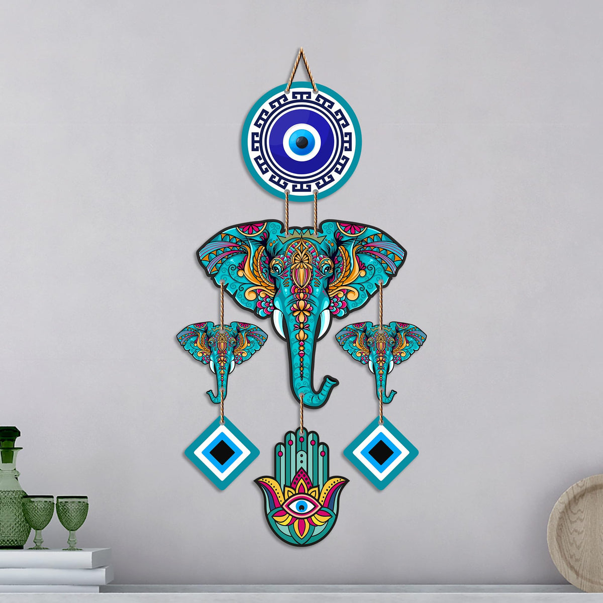 Artvibes Tribal Elephant Evil Eye Wall Hanging for Home Entrance | Nazar Battu MDF Decorative Wall Art | Lucky Vastu Decor for Living Room | Bedroom | Office & Hallway | Housewarming Gift (WH_8548N)