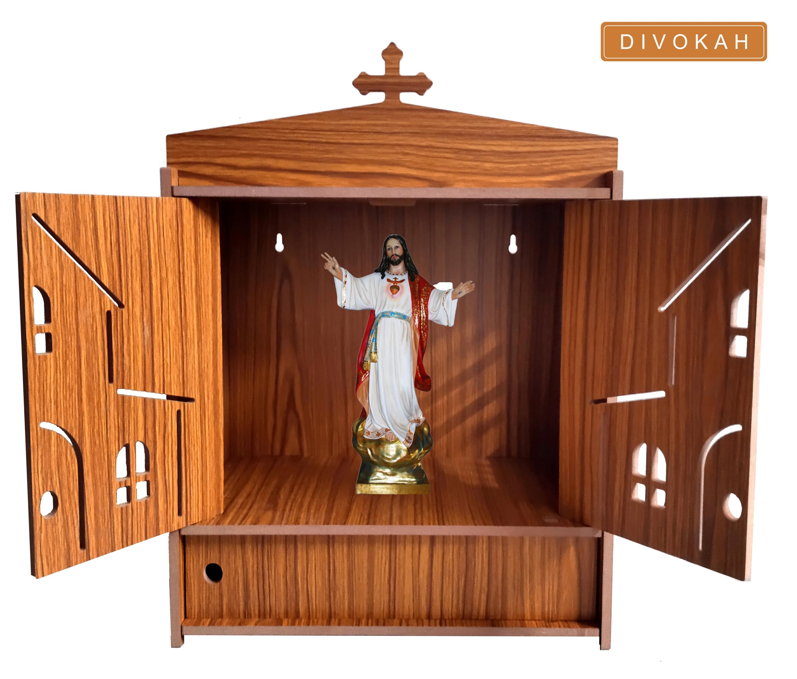 DIVOKAH Beautiful Wooden Christian Temple for Home/Christian Altar (8 Mm Plywood Thickness) (2DOR WDN Altar)
