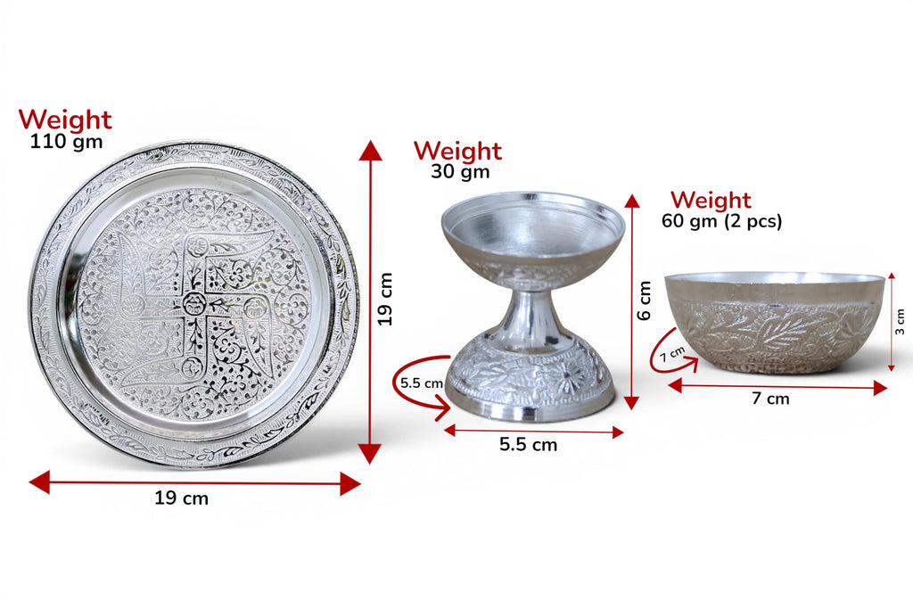 KridayKraft Silver Plated Pooja Thali Set with Swastik Design - Includes Diya and 2 Bowls for Puja, Diwali, and Gifting (19 cm Plate, 110g)