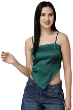 POPWINGS Casual Hankie Style Satin Solid Crop Top for Women || Square Neck Crop Top for Women || Sleeveless Crop Top for Women || Latest Stylish Women Crop Top for Summer Dark Green