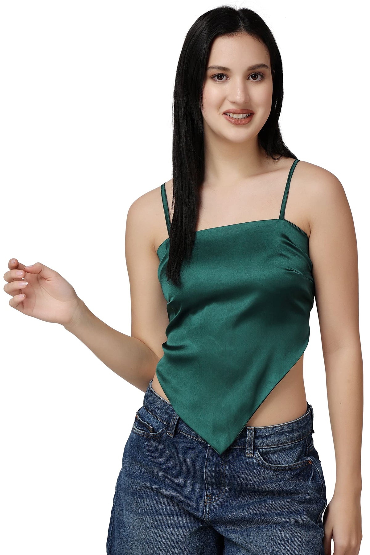 POPWINGS Casual Hankie Style Satin Solid Crop Top for Women || Square Neck Crop Top for Women || Sleeveless Crop Top for Women || Latest Stylish Women Crop Top for Summer Dark Green