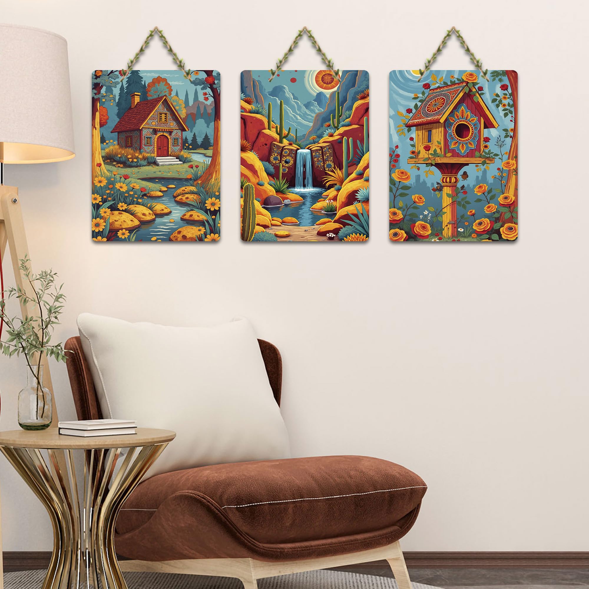Artvibes Beautiful Waterfall Cottage & Floral Birdhouse Nature Inspired Decorative MDF Wooden Wall Art for Home | Home Decor | Wall Accent | Artwork | Wall Art Print | Gift Items (WH_9661NN), Set of 3