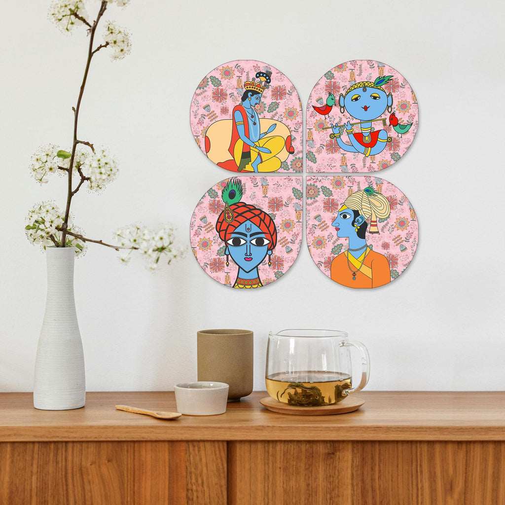 Artvibes Spiritual Krishna Folk Wooden Art Decoration Item for Living Room | Wall Sculpture | Signs & Plaques | Modern Decor Artwork | Wall Poster | Handcrafted Art | Unique Gift (WH_8426N), Set of 4