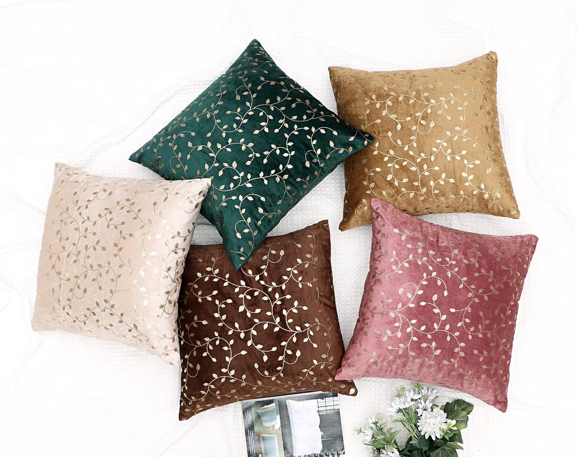 RD TREND® Premium Velvet Cushion Covers Set of 5 | Soft Embroidered Decorative Throw Pillow Covers for Sofa, Bed & Living Room | Cushion Cover 16 inch x 16 inch (40x40 cm) Multi