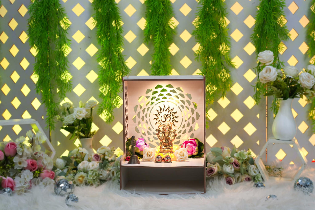 PIXELCRAFTS Wooden Temple Puja Mandir Art and Craft Temple for Home Shop Office with LED SPOT Light. (Size – H 15.5X L 11.5 x W 10.5 inch) White 1