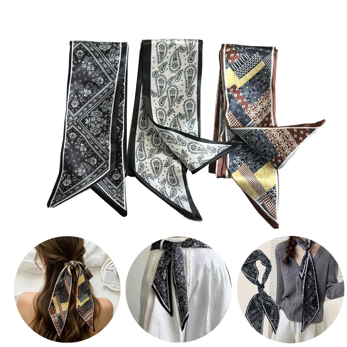 Qleema 3Pcs Satin Scarf for Women Stylish, Hair Scarf or Belt for Jeans