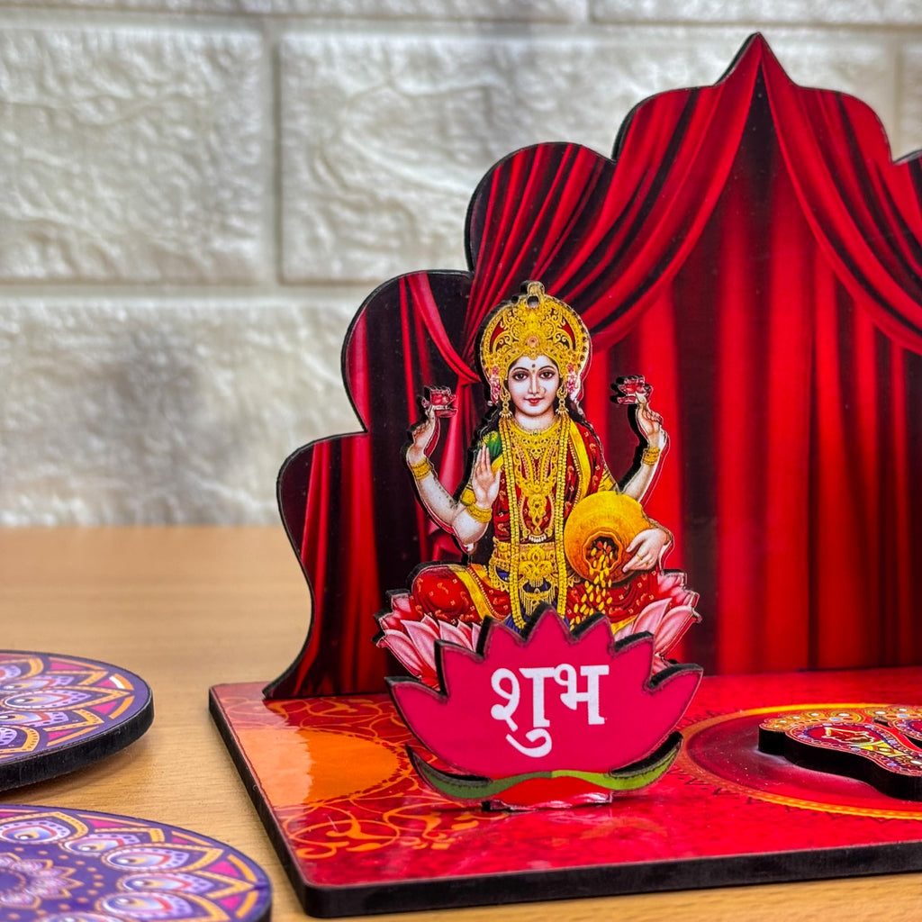 WEHATKE Wall Decor & Table Top MIni Mandir Diwali Set | Mini Laxmi Ganesh & Haning Subh Labh Diawli Gift Set | Diwali Home Decor