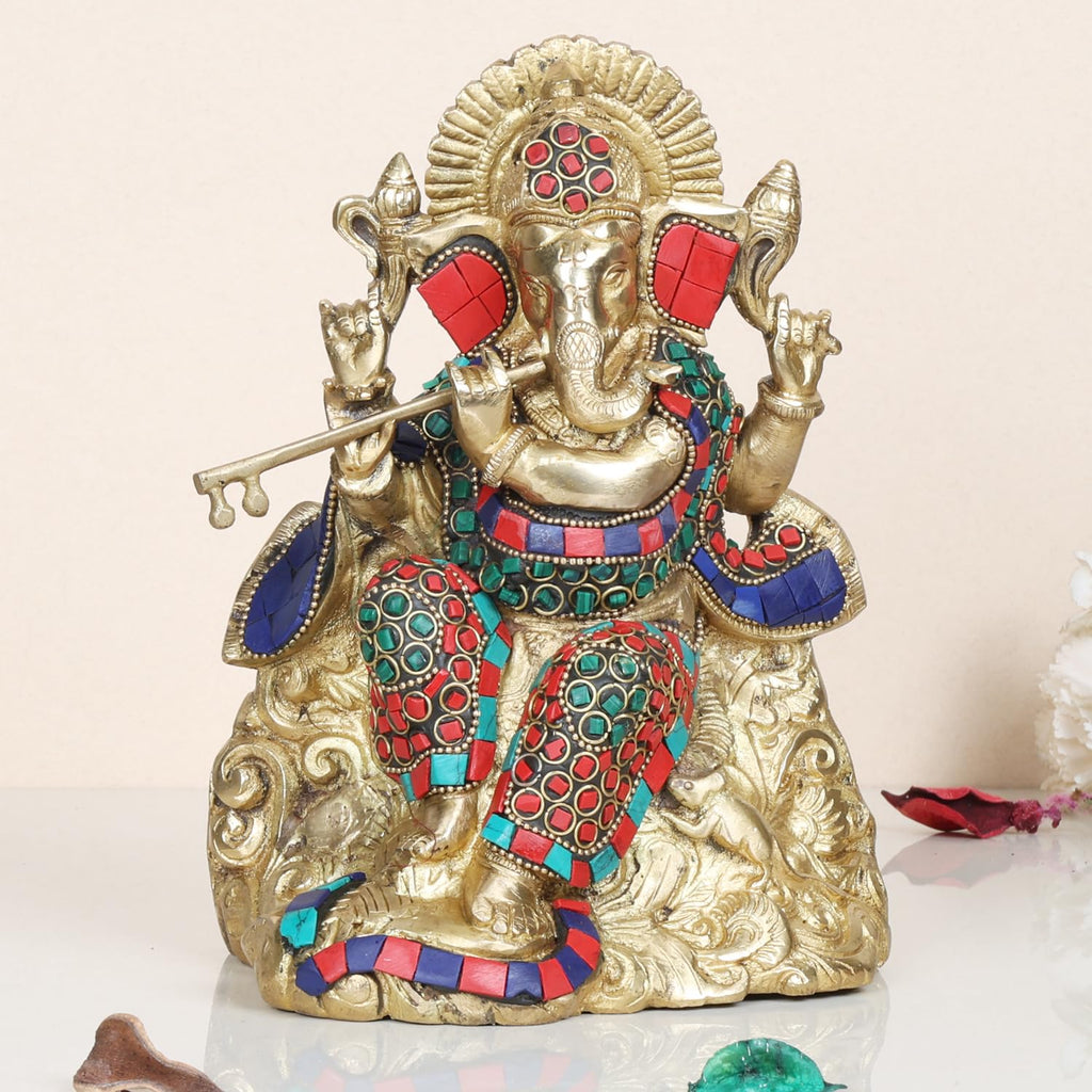 ARTVARKO Brass Ganesha Bhagwan Playing Flute Sitting - Ganpati Statue Moorti with Inlay Handwork for Home Office Marriage Gift Size 8 Inches