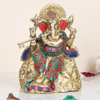 ARTVARKO Brass Ganesha Bhagwan Playing Flute Sitting - Ganpati Statue Moorti with Inlay Handwork for Home Office Marriage Gift Size 8 Inches