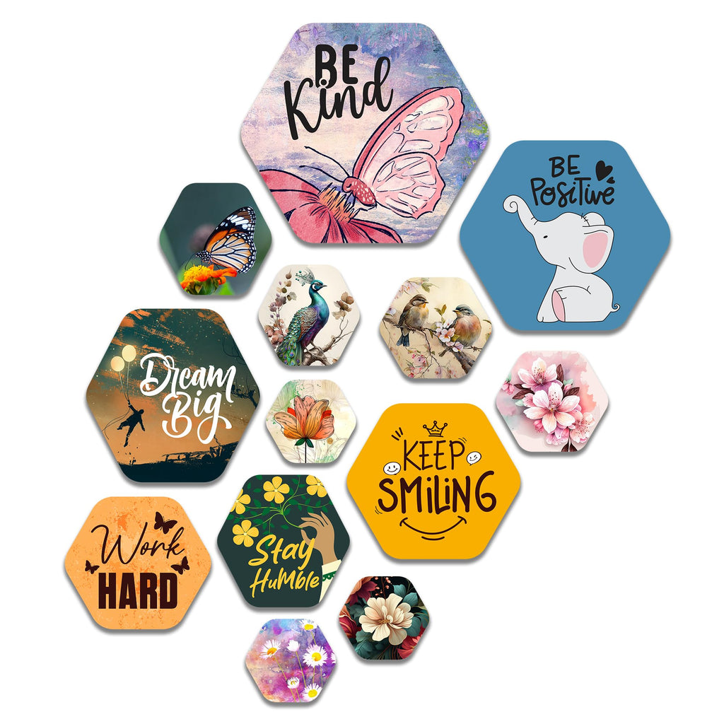 Artvibes Be Kind Decorative Hexagon Shape MDF Wooden Wall Hanging | Quotes Decor Item | Wall Poster | Office Decor | Inspirational Quotes Wall Art | Mdf Wall Decoration | Gifts (WPS_214N), Set of 13