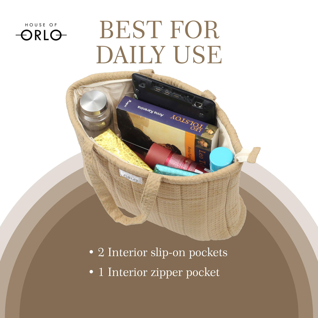 HOUSE OF ORLO Women's Cotton Quilted Aesthetic Western Tote Bags, Waffle Weave Handmade With Zipper & Double Handles For Women & Girls, Daily Use Handbag For College/Travel/Work (Earth-Brown)