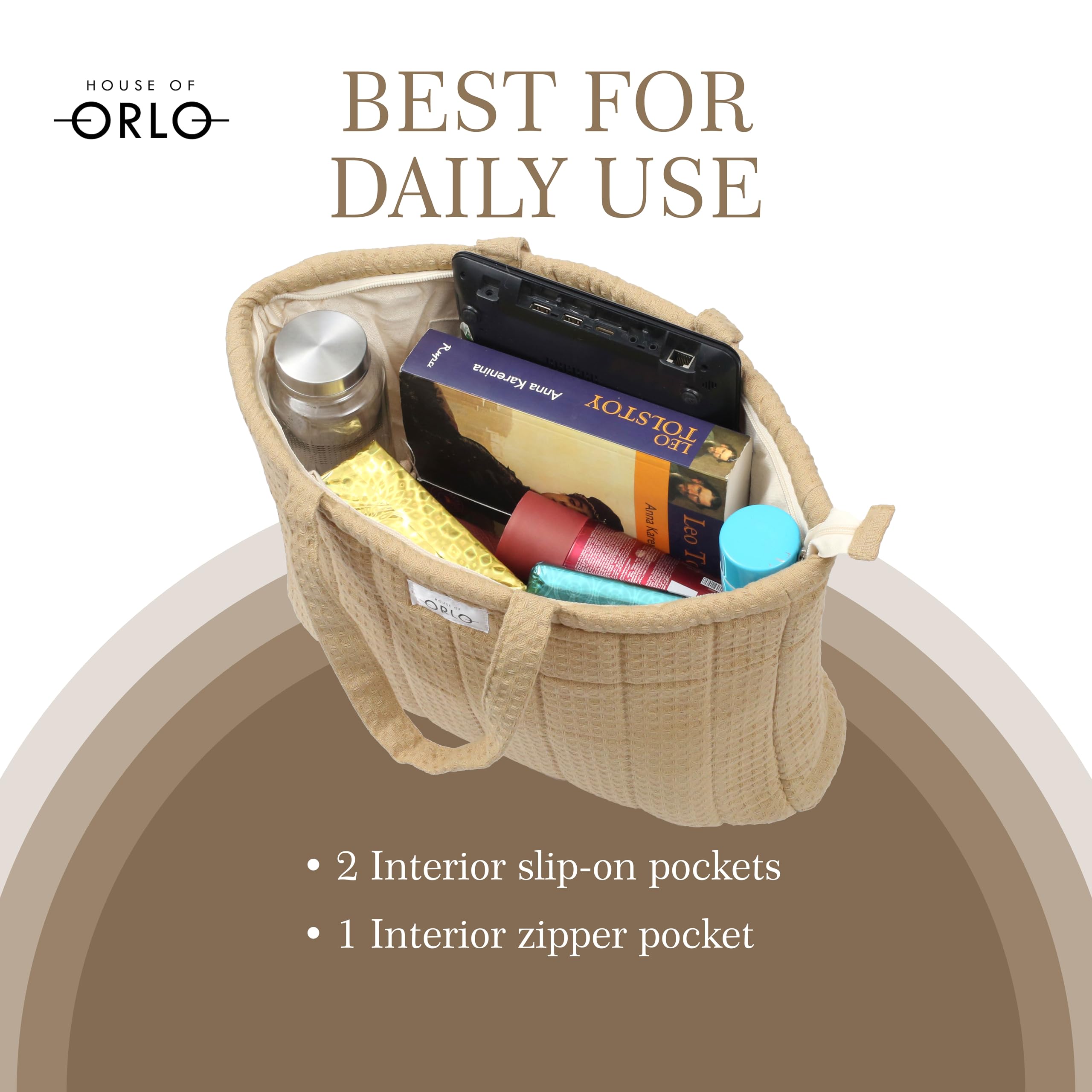 HOUSE OF ORLO Women's Cotton Quilted Aesthetic Western Tote Bags, Waffle Weave Handmade With Zipper & Double Handles For Women & Girls, Daily Use Handbag For College/Travel/Work (Earth-Brown)
