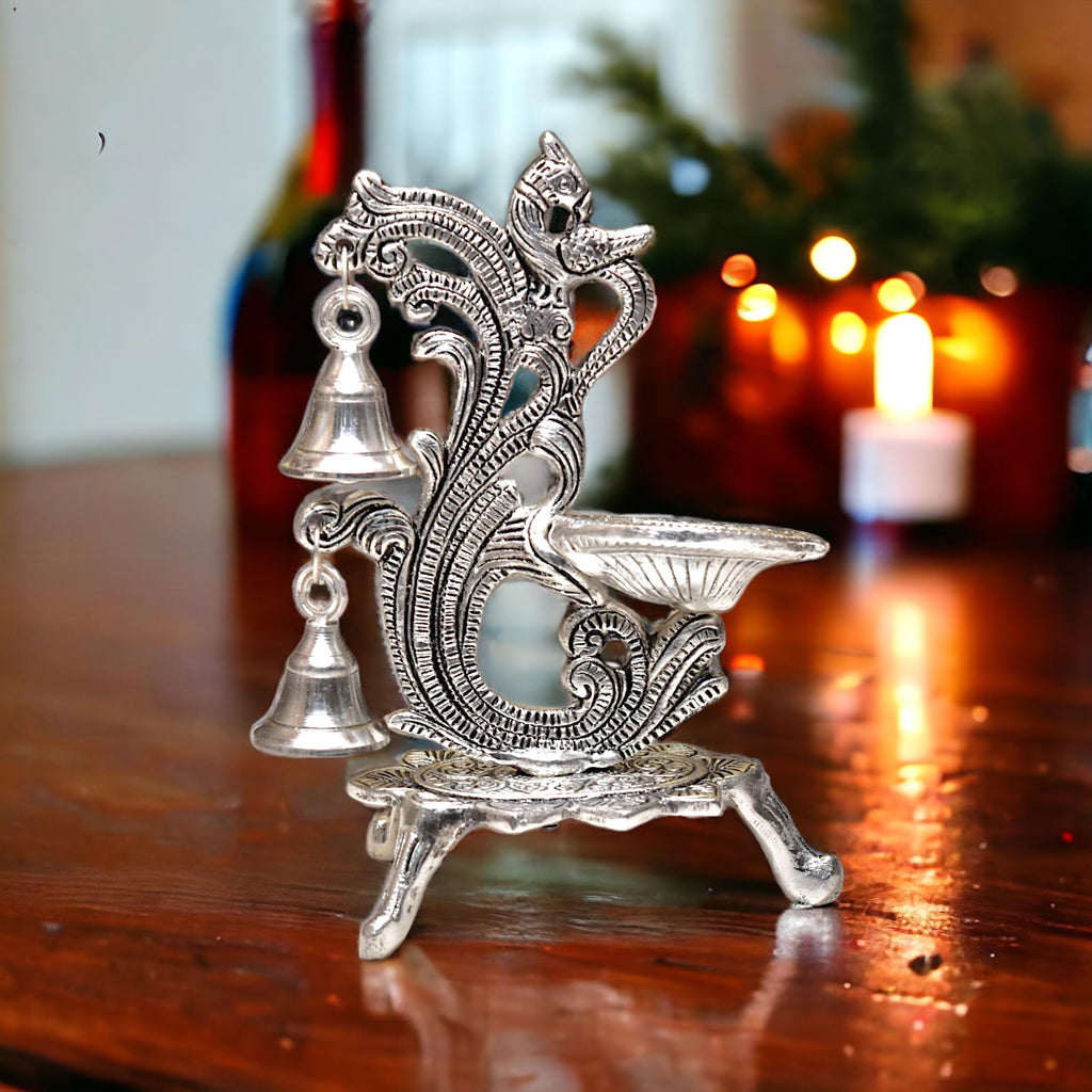 KridayKraft Aluminium Diya for Puja Room Oil Lamp in Peacock Design with Bell (Silver Metal, Pack of 1 Pcs)