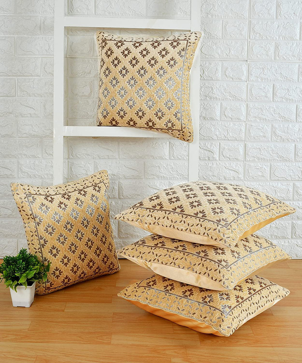 DECOMIZER Jacquard Geomteric Cushion Covers 24 Inch X 24 Inch Set Of 5 Ethnic Motifs 240 TC Cushion Covers,Design- Diamond,Color- Beige