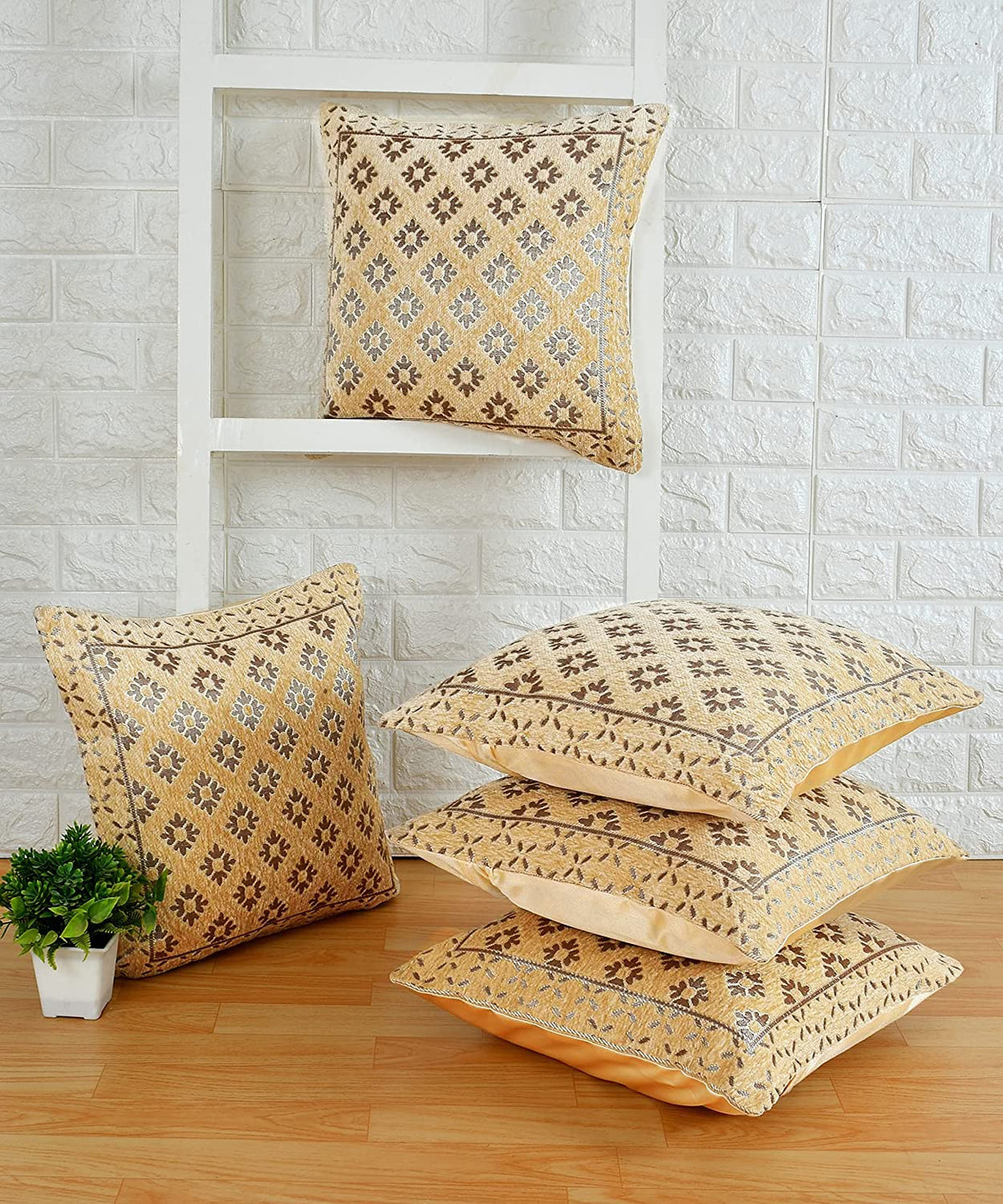 DECOMIZER Jacquard Geomteric Cushion Covers 24 Inch X 24 Inch Set Of 5 Ethnic Motifs 240 TC Cushion Covers,Design- Diamond,Color- Beige