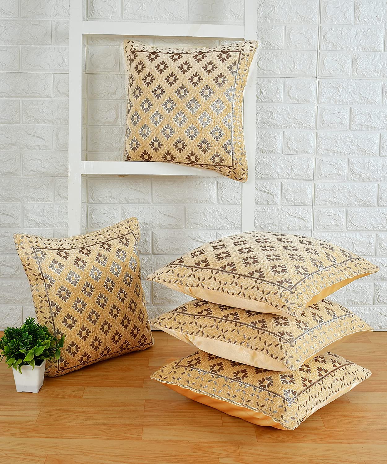 DECOMIZER Jacquard Geomteric Cushion Covers 16 Inch X 16 Inch Set Of 5 Ethnic Motifs Cushion Covers,Design- Diamond,Color- Beige, 240 TC