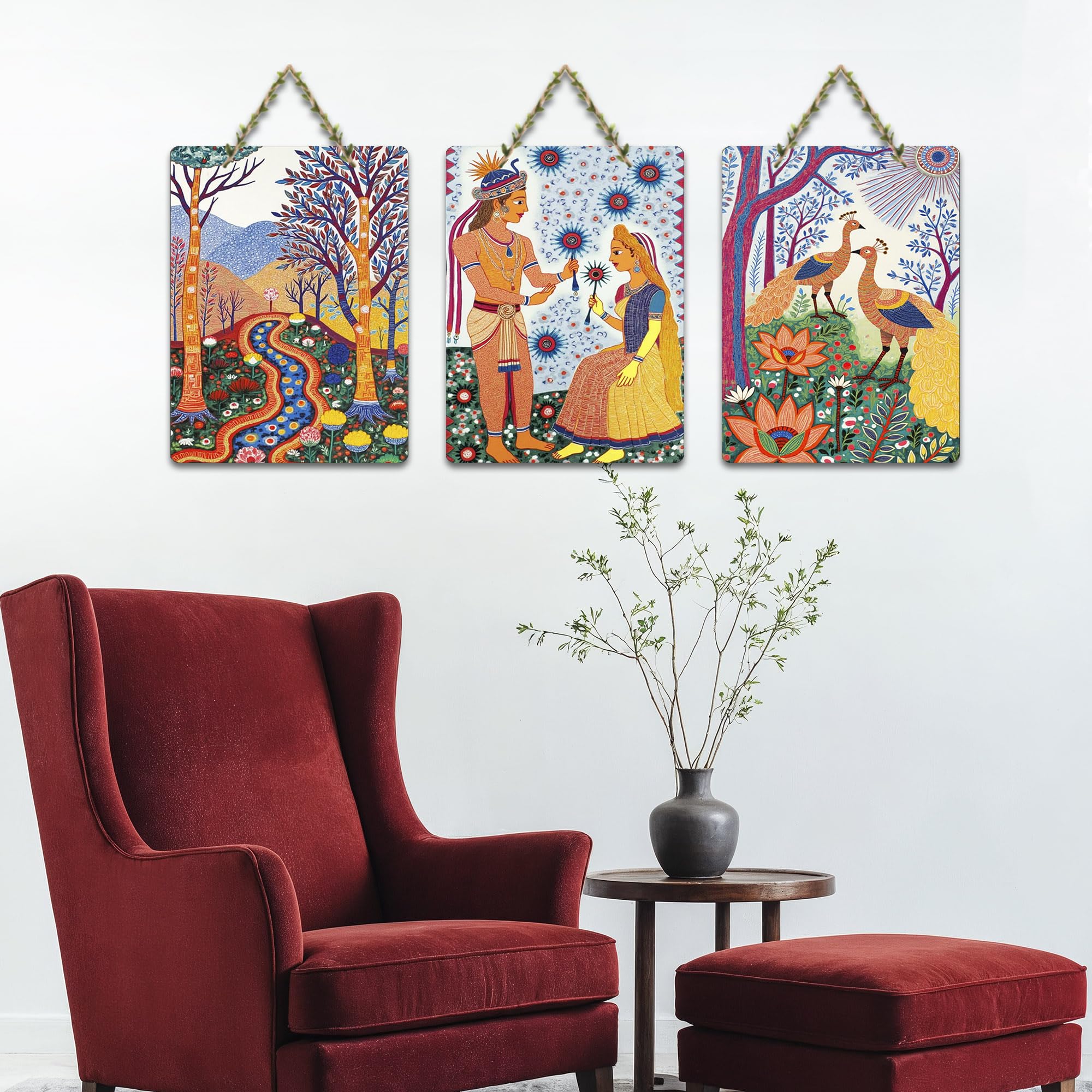 Artvibes Eternal Bond Madhubani Art Decorative Wall Art MDF Wooden Wall Hanger for Living Room | Wall Accent | Sceneries | Aesthetic Wooden Decor | Graphic Artwork | Ideal Gifts (WH_9680N), Set of 3