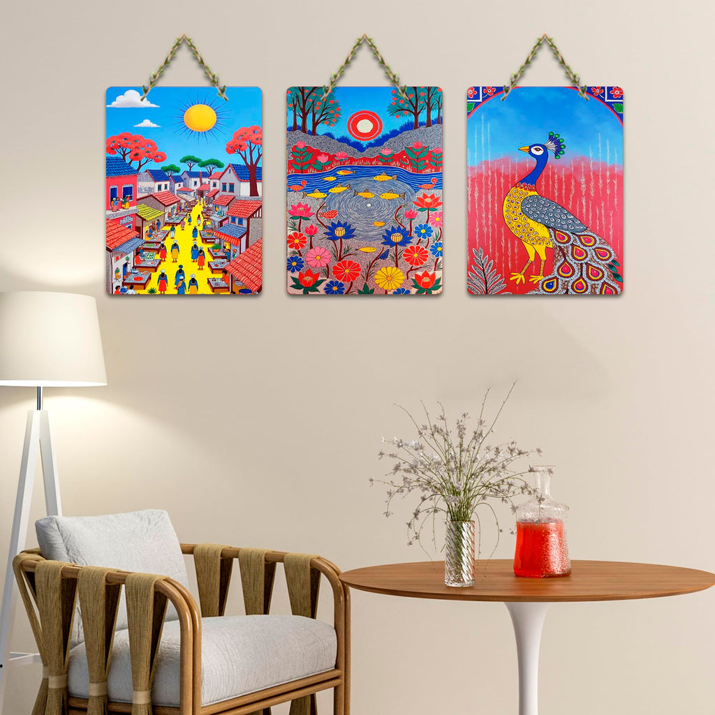 Artvibes Traditional Indian Wall Decor Decorative MDF Wooden Wall Art for Home | Wall Sculpture | Signs & Plaques | Festive Decor | Graphic Artwork | Wall Poster | Gift Items (WH_9610N), Set of 3