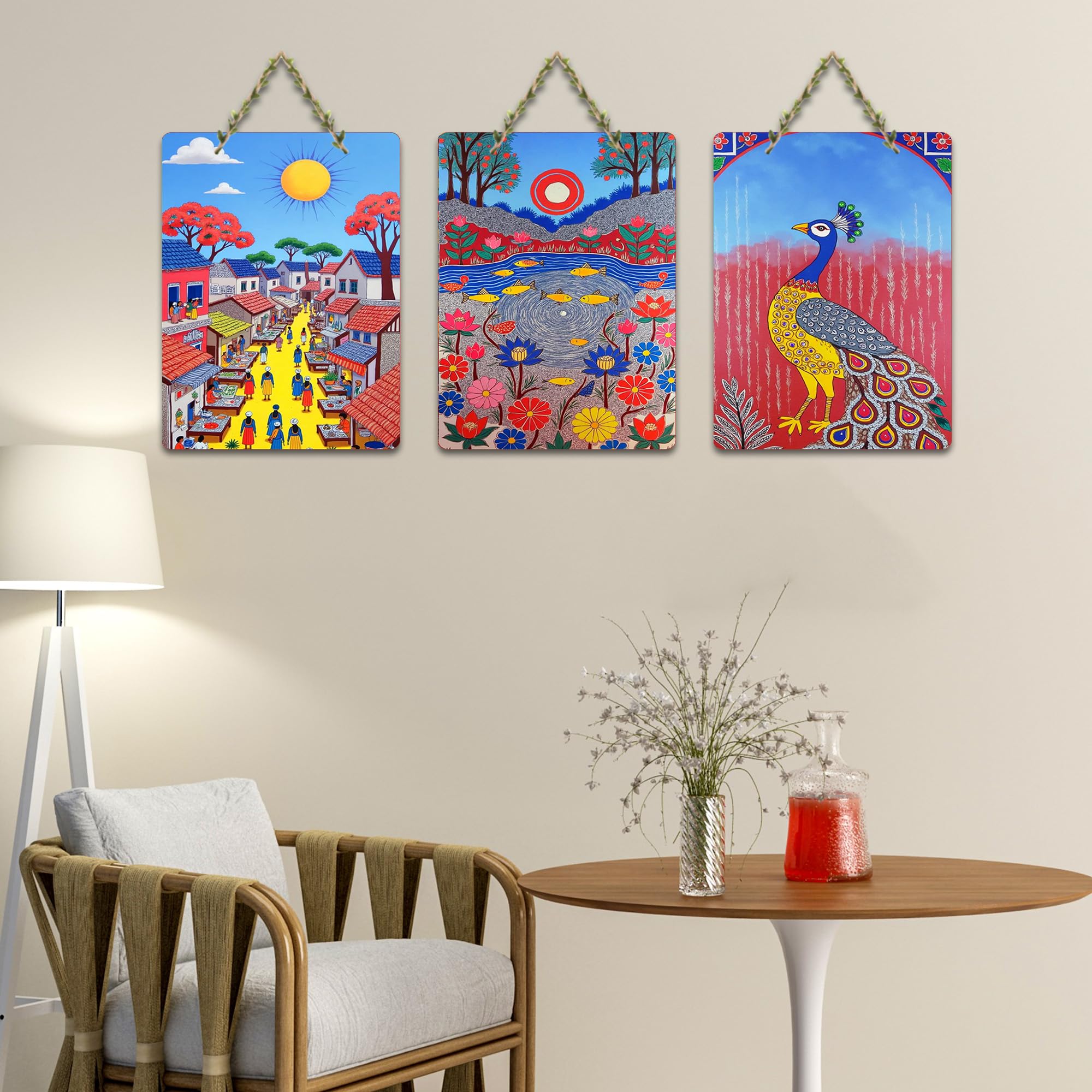 Artvibes Traditional Indian Wall Decor Decorative MDF Wooden Wall Art for Home | Wall Sculpture | Signs & Plaques | Festive Decor | Graphic Artwork | Wall Poster | Gift Items (WH_9610N), Set of 3