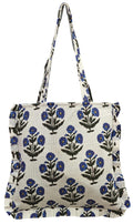 Rastogi Handicrafts Handmade Cotton Tote Bag Floral and Leopard Print Patterns, Blue White and Green Pink Shopping Shoulder, White, M