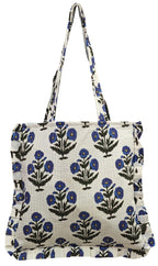 Rastogi Handicrafts Handmade Cotton Tote Bag Floral and Leopard Print Patterns, Blue White and Green Pink Shopping Shoulder, White, M