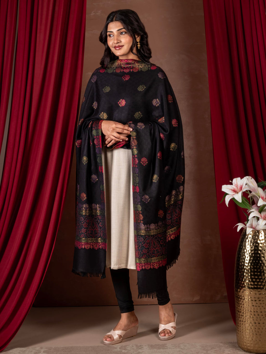 Naureen Women Premium Faux Pashmina Kani Zari Shawl, Warm and Soft, 40x80 inches