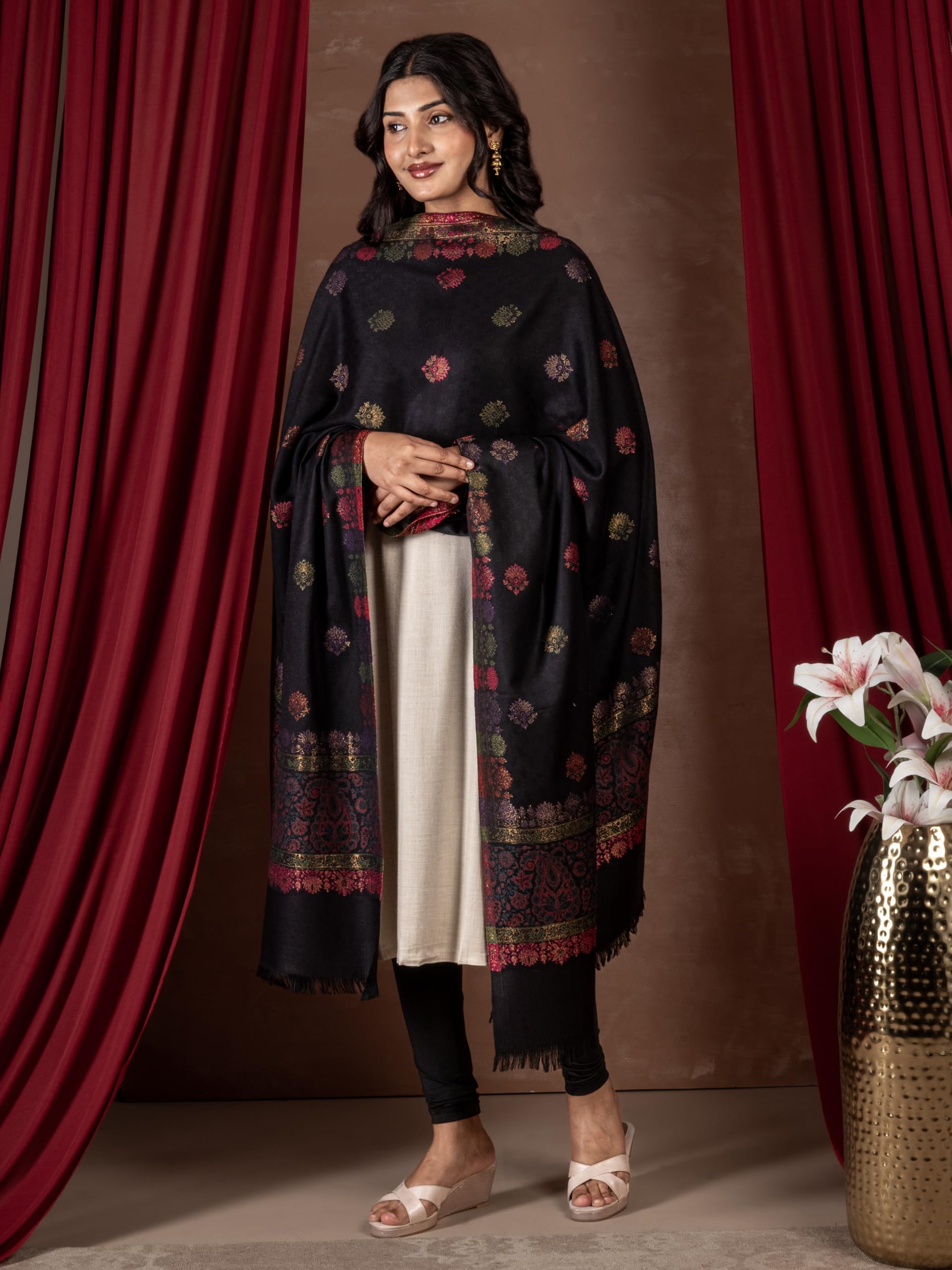 Naureen Women Premium Faux Pashmina Kani Zari Shawl, Warm and Soft, 40x80 inches