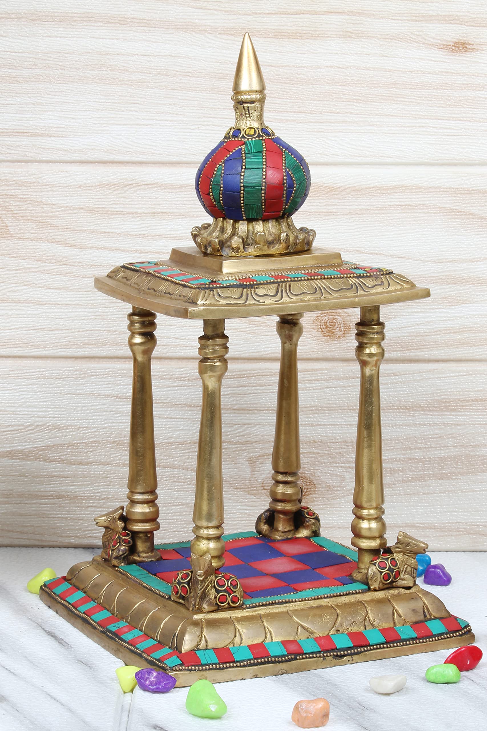 ARTVARKO™ Brass Temple Handcrafted Multicolor Gemstone for Goddess Pooja Ghar Mandir Height 13 Inch.