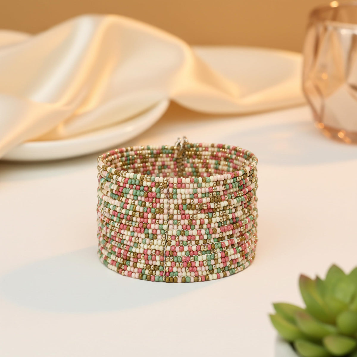 BOHENOOR Multi-Color Pastel Seed Bead Cuff Bracelet for Women - Handmade Boho Chic Wide Bangle - Ethnic Statement Jewelry for Teens - Lightweight Adjustable Bead Wrap - Colorful Spring Style