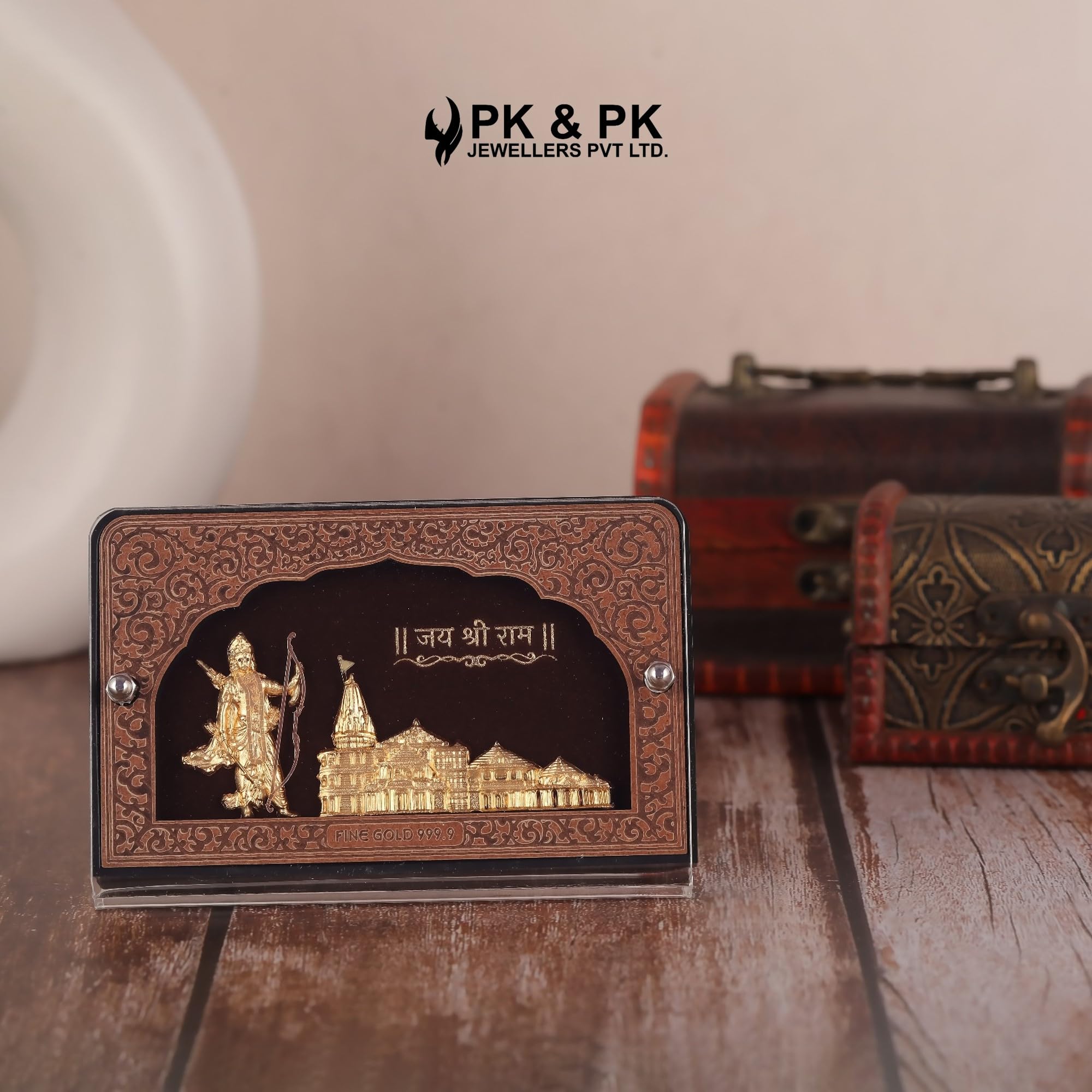 Pk & Pk Jewellers Rectangular Ayodhya Temple With Ram Ji Table Top | 24KT Gold | Tabletop Small Size [12X8 Cm] (For Premium Gift, Office Desk, Car Dashboard, Table Decoration)