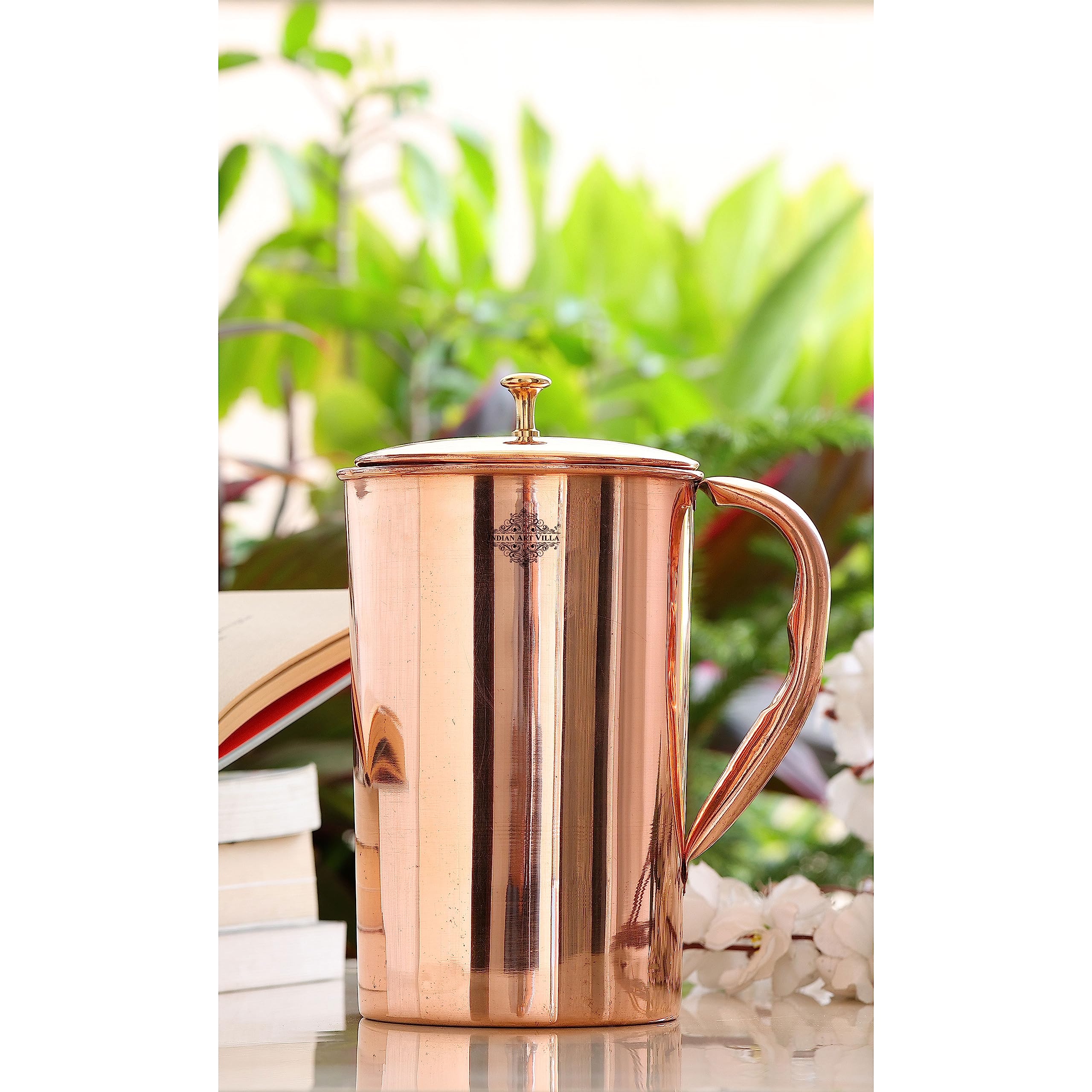 Indian Art Villa Plain Shine Design Copper Jug Pitcher with Brass Knob, Storage & Serving Water, Yoga Ayurveda Healing, Volume- 2000 ML