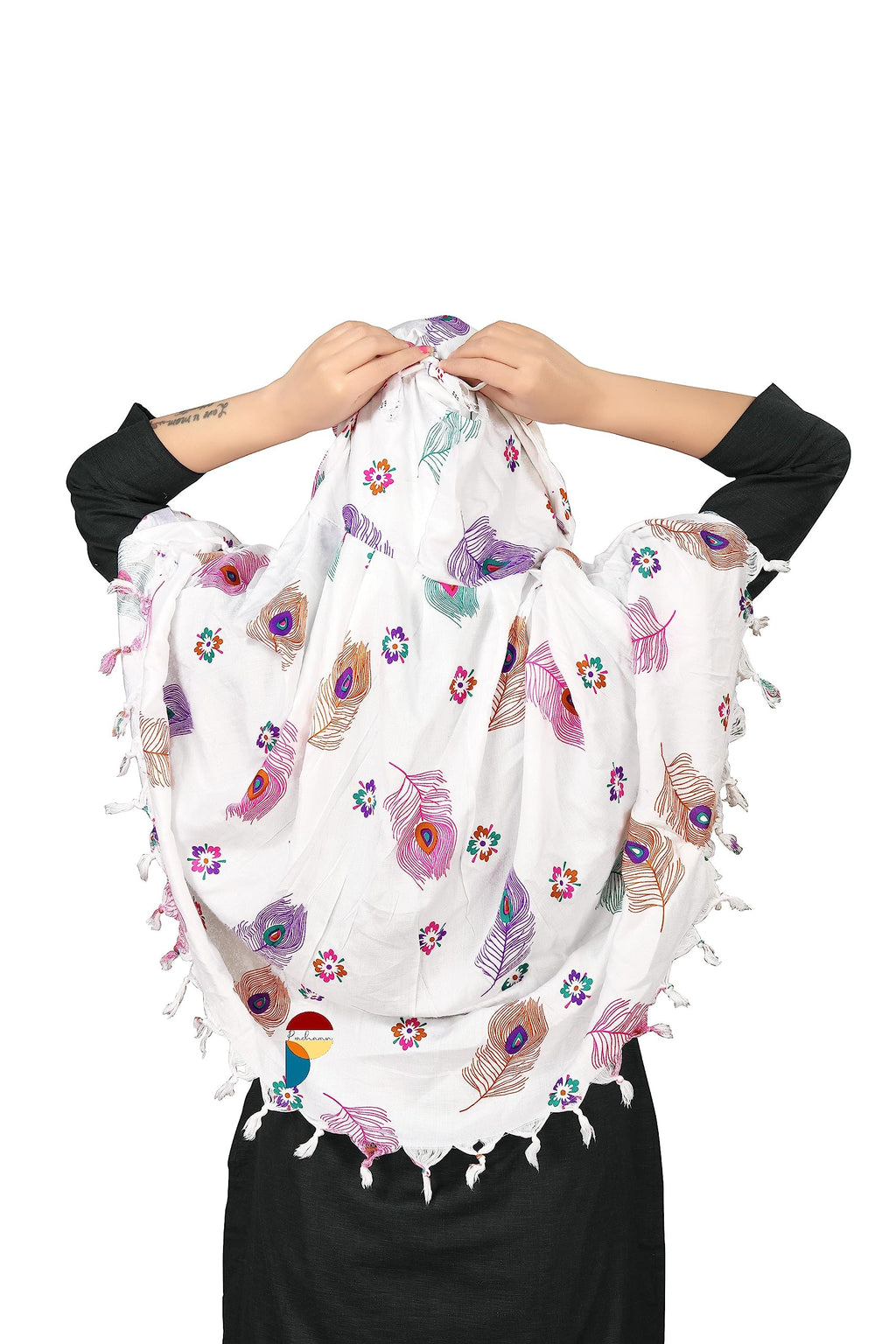 PRACHARAN Cotton Innovative Stylish Feather Printed Pattern Fancy Scarf With Sun Protection Cover Face Cotton Driving Scarf for Women's and Girls, (female), White