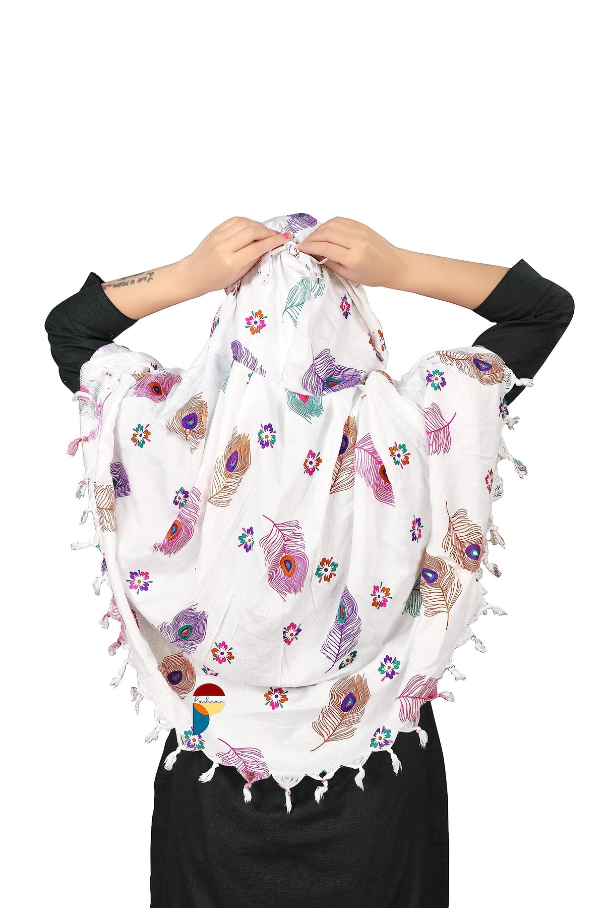PRACHARAN Cotton Innovative Stylish Feather Printed Pattern Fancy Scarf With Sun Protection Cover Face Cotton Driving Scarf for Women's and Girls, (female), White