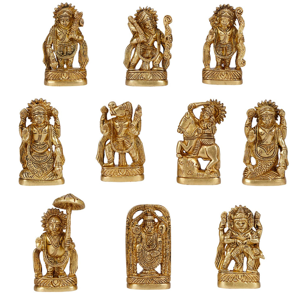ARTVARKO Brass Dasavatharam of Lord Vishnu Statues Ten Incarnations Avatars Idol Murti Temple 3 Inch.