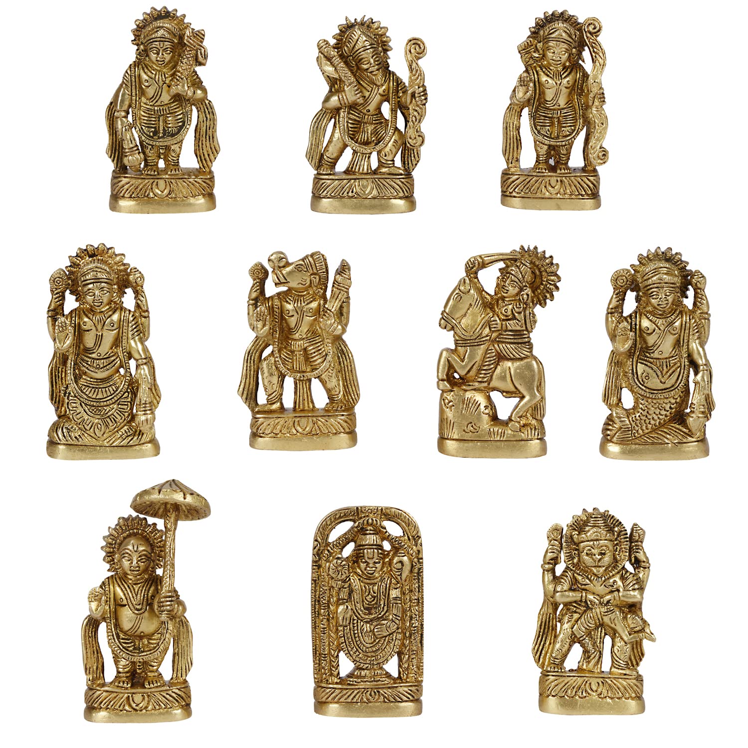 ARTVARKO Brass Dasavatharam of Lord Vishnu Statues Ten Incarnations Avatars Idol Murti Temple 3 Inch.